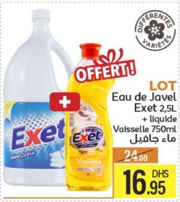 LOT Eau de Javel Exet 2,5L + liquide Vaisselle 750ml