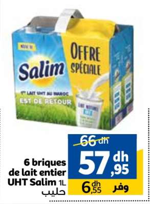 6 briques de lait entier UHT Salim 1L