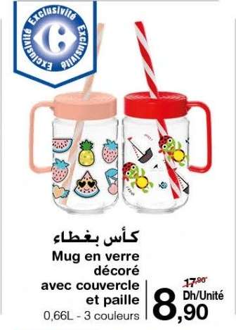 Mug en verre décoré avec couvercle et paille