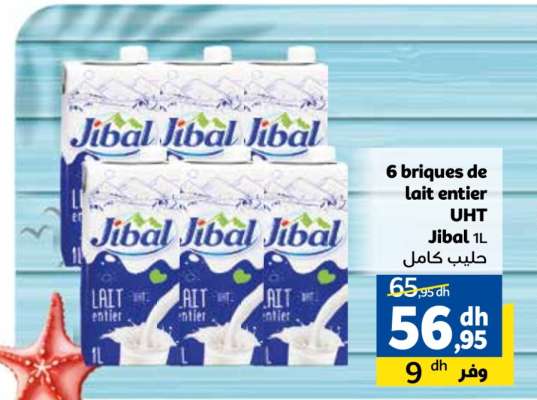 6 briques de lait entier UHT Jibal 1L